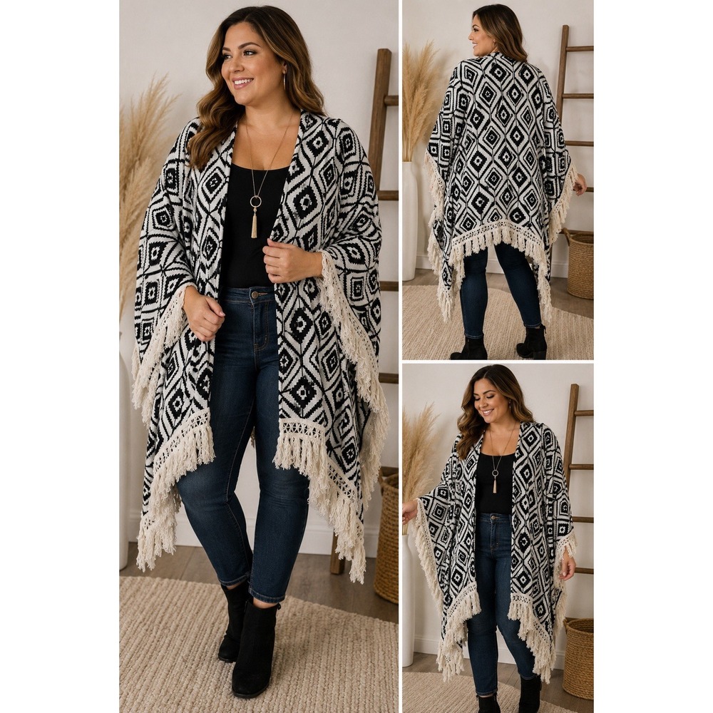 Massini Women's Fringe Ruana Cardigan Shawl 2X Boho Layering